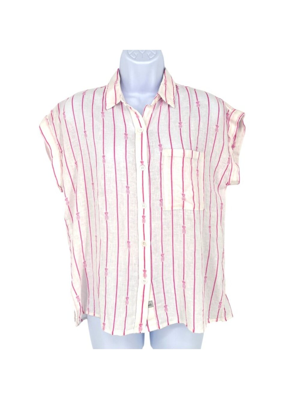 Rails Whitney Pineapple Stripe Linen Blend Button-Up Shirt XS White & Pink NWT